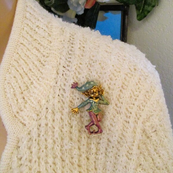 TORTOLANI 24KGP Enamel Pixie Elf Brooch~ DESIGNER Teal Plum Gold Figural Elf Pin - Picture 3 of 14